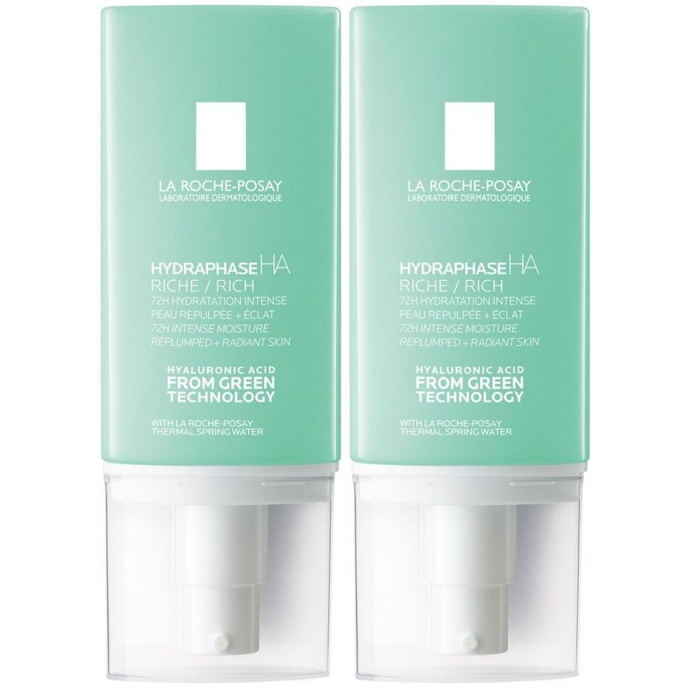 Deux flacons de LA ROCHE-POSAY Crème de Jour Riche Hydraphase HA. Flacons turquoise avec distributeur blanc. Texte: HYDRAPHASE HA RICHE/RICH.