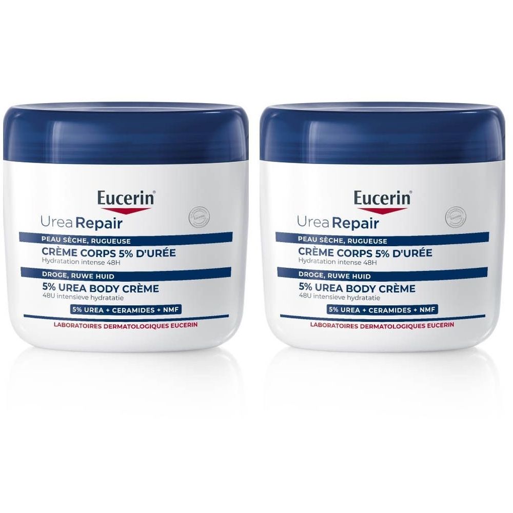 Twee witte potten met blauwe deksels. Opschrift: Eucerin Urea Repair Crème Corps 5% d'Urée. Voor een droge, ruwe huid.