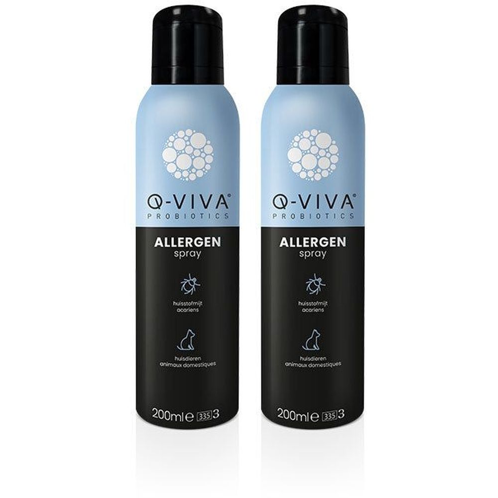 Deux flacons de spray bleus avec bouchons noirs. Inscription : Q-VIVA Probiotics, Allergen Spray. En bas : 200ml.