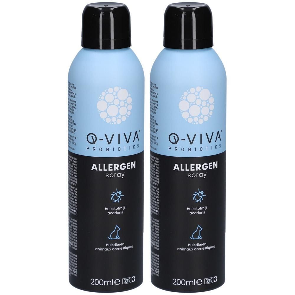 Twee blauwe spuitflessen met zwarte dop. Opschrift: Q-VIVA Probiotics Allergen Spray. 200ml.