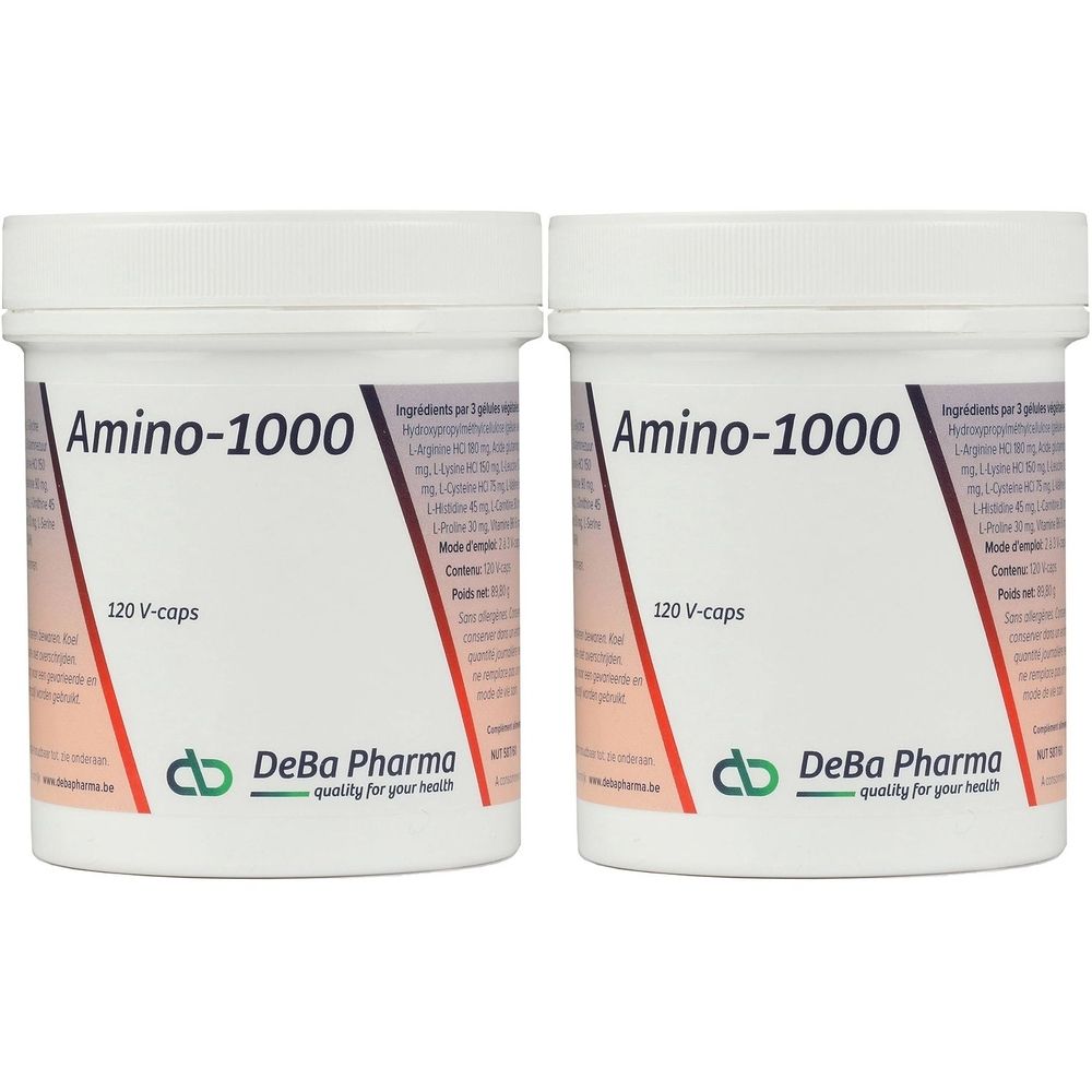 Deux pots blancs avec couvercles. Inscription "Amino-1000" et "120 V-caps". Logo DeBa Pharma.
