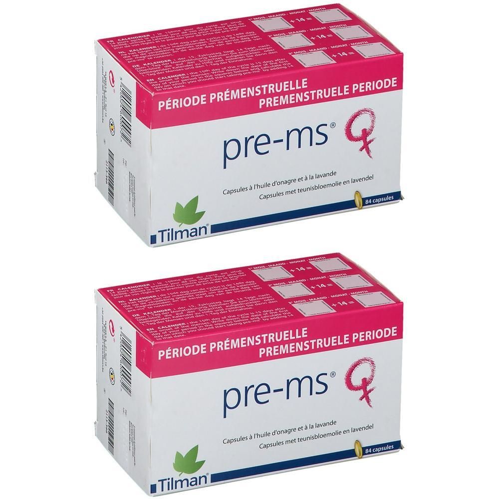 Twee dozen pre-ms® capsules. Witte verpakking met roze en groene accenten. Tekst: pre-ms®, Periode prémenstruelle, Tilman.