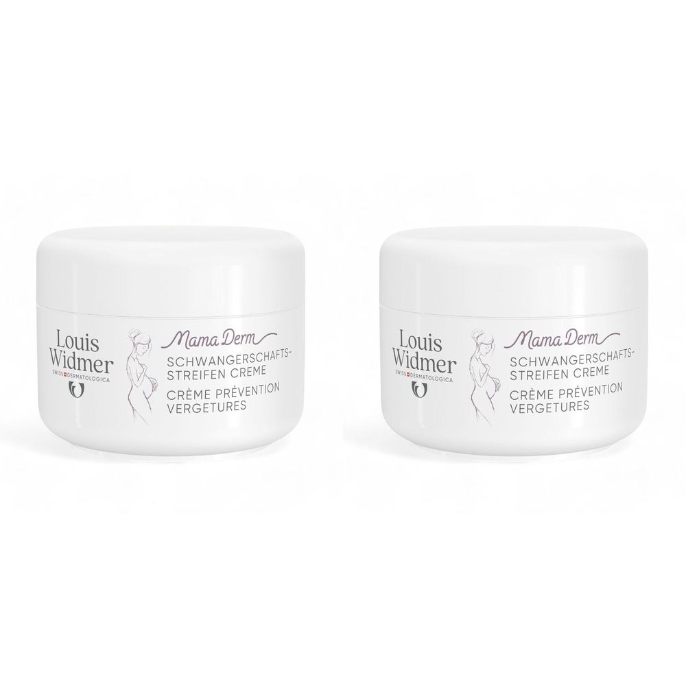 Twee witte potten met productlabels. Opschrift: Louis Widmer, Mama Derm, Crème Prévention Vergetures. Bevat een afbeelding van een zwangere vrouw.