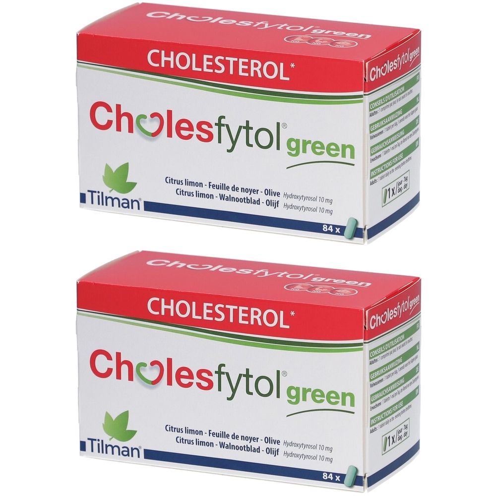 Deux boîtes de Cholesfytol green. Emballage rouge et blanc avec texte et logo verts. Contient 84 comprimés.