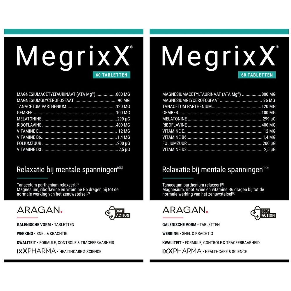 Verpakking MegrixX, 60 tabletten. Bevat magnesium, vitamine D en melatonine. Zwarte verpakking met witte en blauwe tekst.