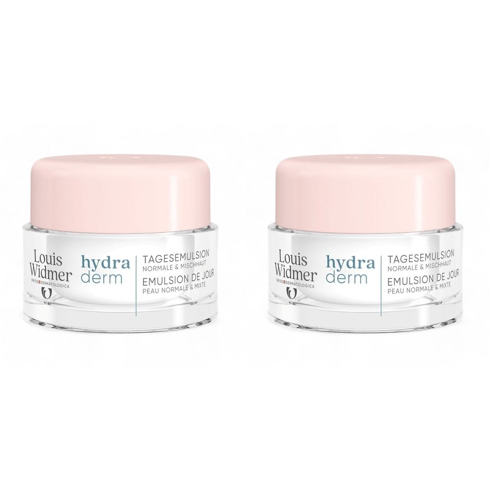 Twee crèmetiegels met roze deksels. Opschriften: "Louis Widmer hydra derm" en "Emulsion de Jour". 