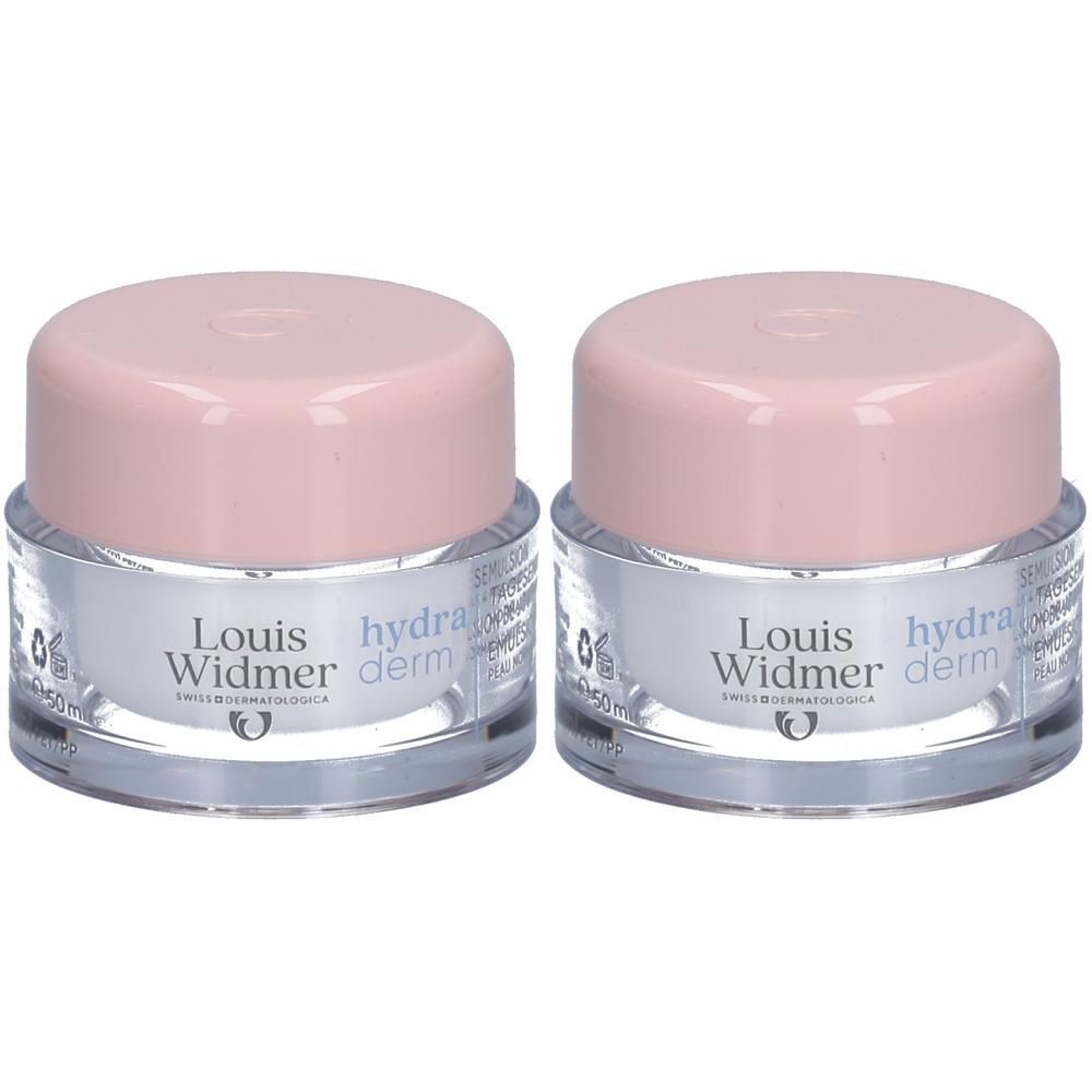 Twee potjes Louis Widmer Hydraderm Dag-emulsie. Glazen potjes met roze deksels. Opschrift: Hydraderm, Swiss Dermatologica.