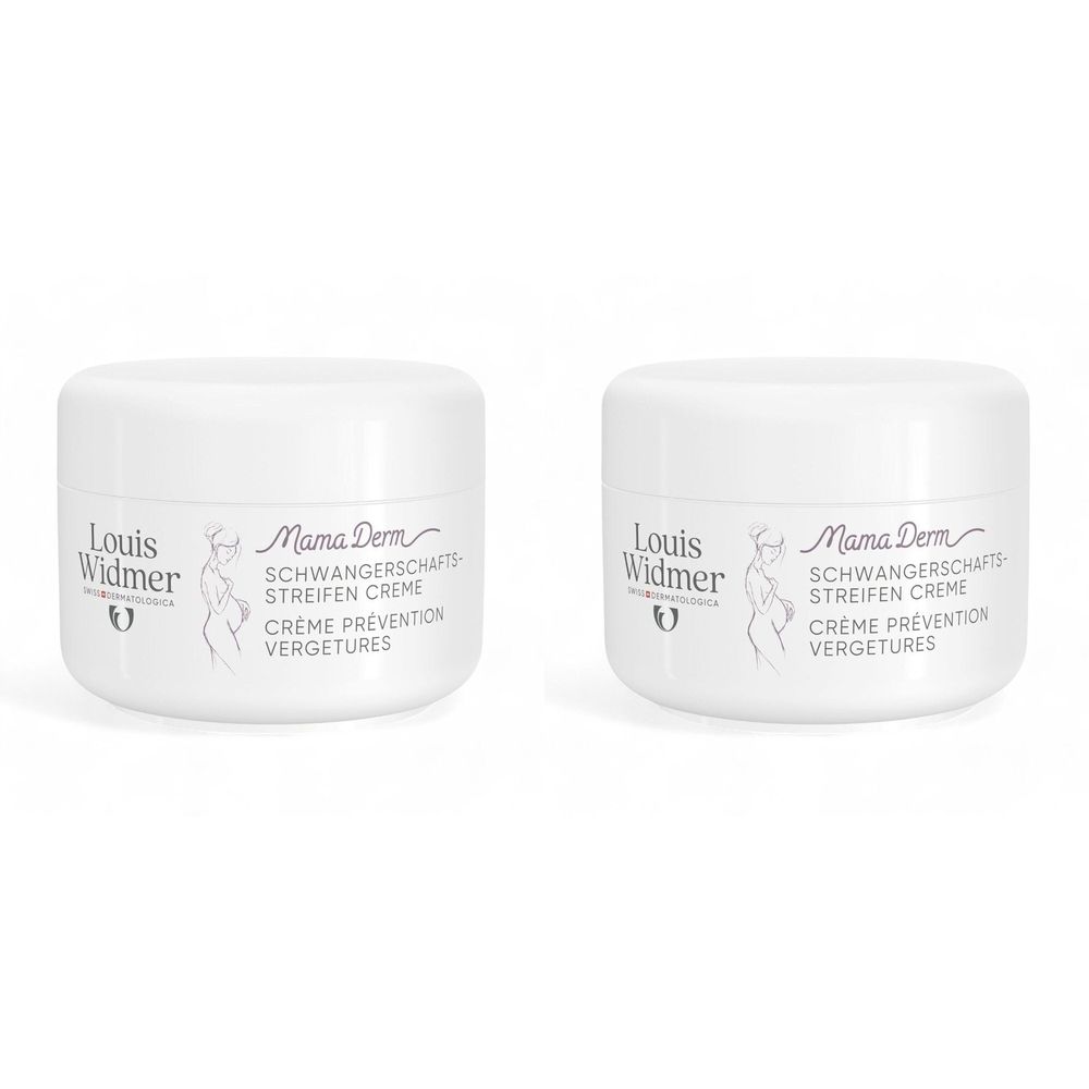 Deux pots blancs avec nom et logo du produit. Inscription: Mama Derm Crème Prévention Vergetures.