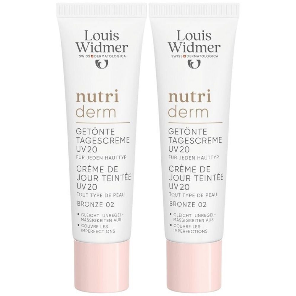 Twee tubes Louis Widmer Nutriderm dagcrème. Wit, met tekst en roze dop. Bronze 02, UV20.
