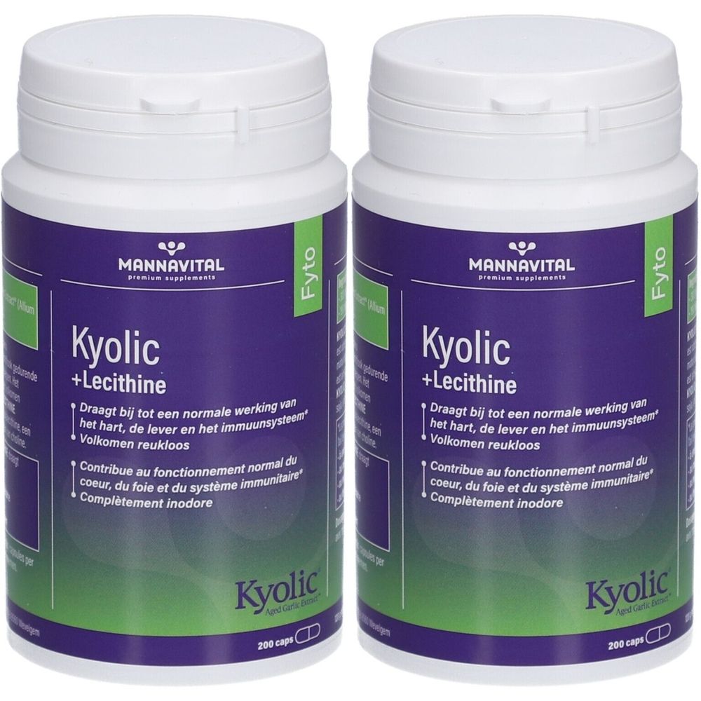 Twee flessen met witte deksels en paarse etiketten. Opschrift: Mannavital Kyolic + Lecithine. 200 capsules.