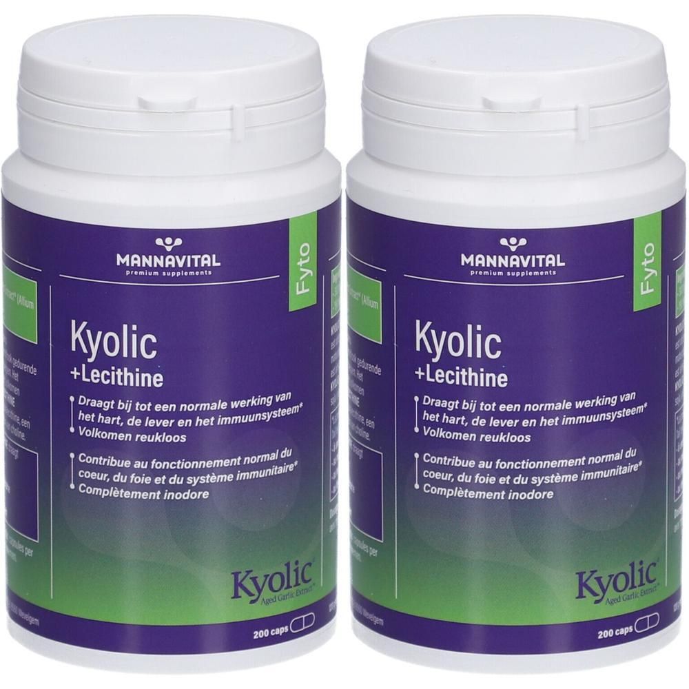 Twee witte flessen met paarse etiketten. Opschrift: MannaVital Kyolic + Lecithine. Groen-witte achtergrond.