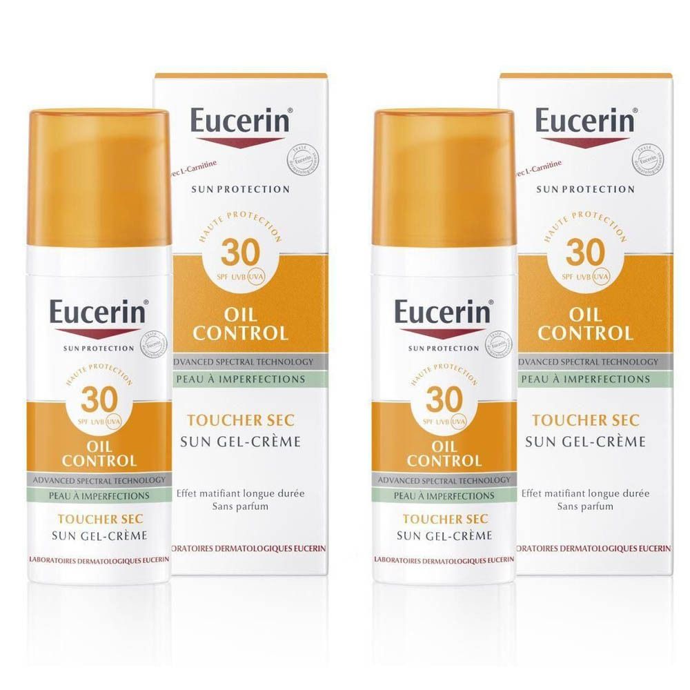 Twee tubes en twee dozen Eucerin Sun Gel-Crème Oil Control SPF 30. Witte verpakking met oranje accenten en productinformatie.