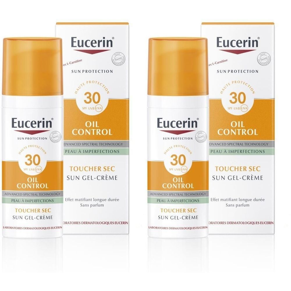 Eucerin Sun Protection Oil Control Face SPF 30. Twee flessen en verpakkingen. Wit, oranje en zwarte tekst.