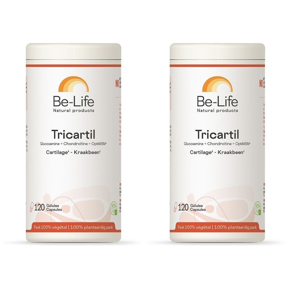 Deux boîtes blanches avec l'inscription "Be-Life Tricartil". Chaque boîte indique "120 gélules".
