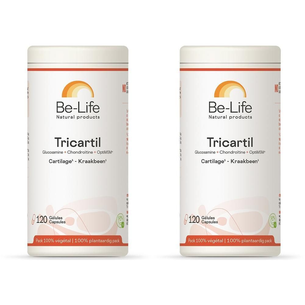 Twee witte potten met rode en oranje tekst. Opschrift: Be-Life Tricartil, 120 capsules. Met zonlogo.