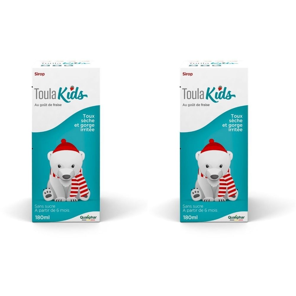 Boîte de ToulaKids Sirop. Carton blanc avec illustration d'ours polaire et nom du produit. Texte: Toux sèche et gorge irritée.
