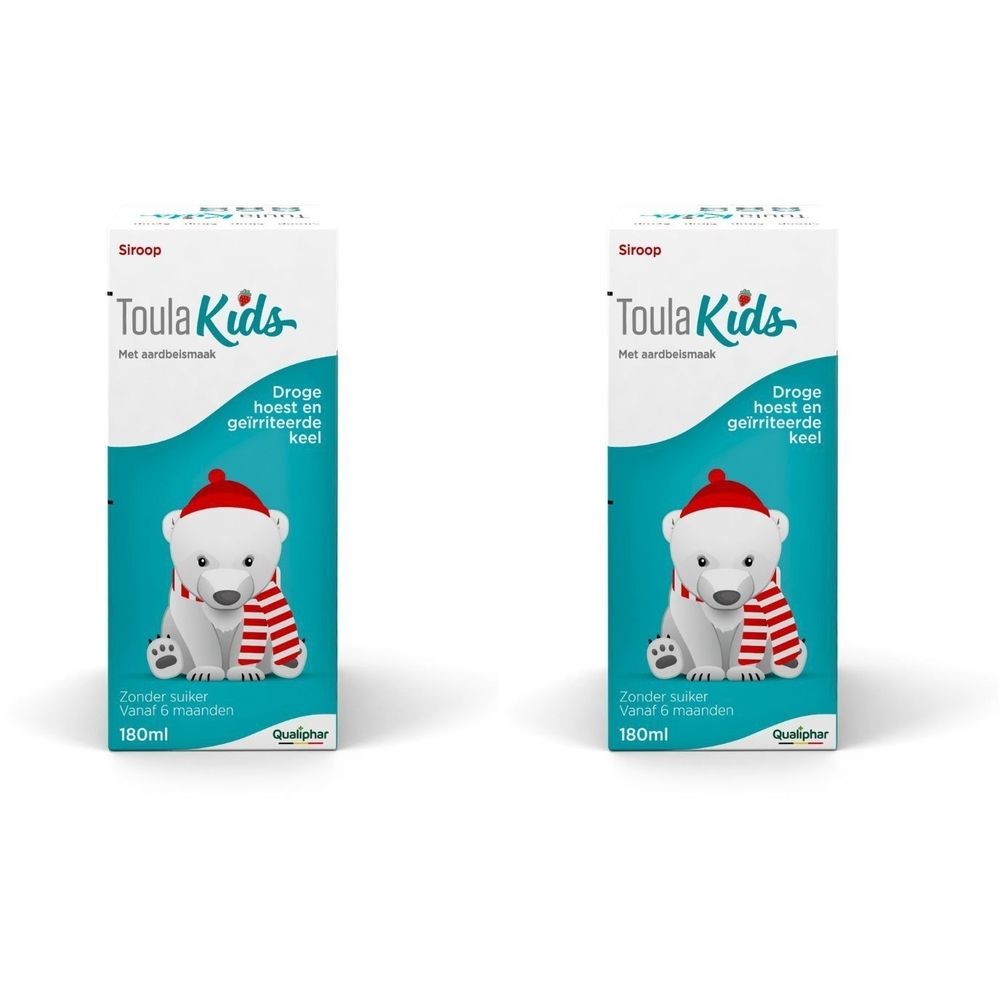 Verpakking van ToulaKids Sirop. Witte doos met ijsberenillustratie en productnaam. Tekst: Droge hoest en geïrriteerde keel.
