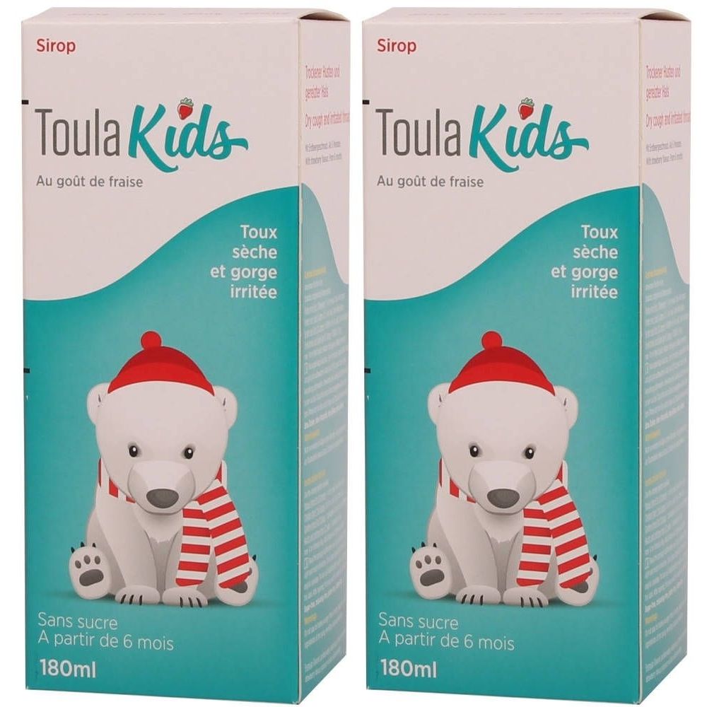 Deux boîtes de sirop ToulaKids. Illustration d'un ours polaire avec bonnet et écharpe rouges. Inscription : Sirop, Au goût de fraise, Sans sucre, 180ml.