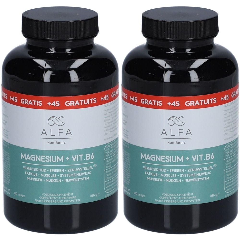 Twee zwarte flessen met zwarte doppen. Opschrift: ALFA, Magnesium + Vit. B6. Rode strook met tekst: +45 GRATIS. 90 capsules.