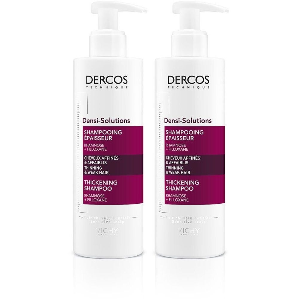 Twee witte shampoo flessen met pomp. Opschrift: Dercos, Densi-Solutions, Shampoo, voor fijn en zwak haar.