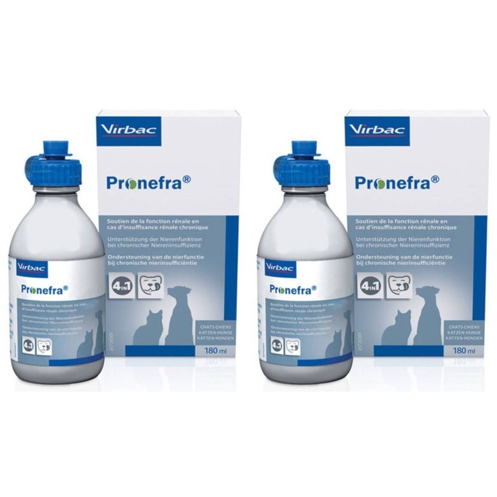 Deux flacons avec bouchon bleu et boîtes avec le nom Pronefra. Le logo Virbac est visible sur les flacons et les boîtes.