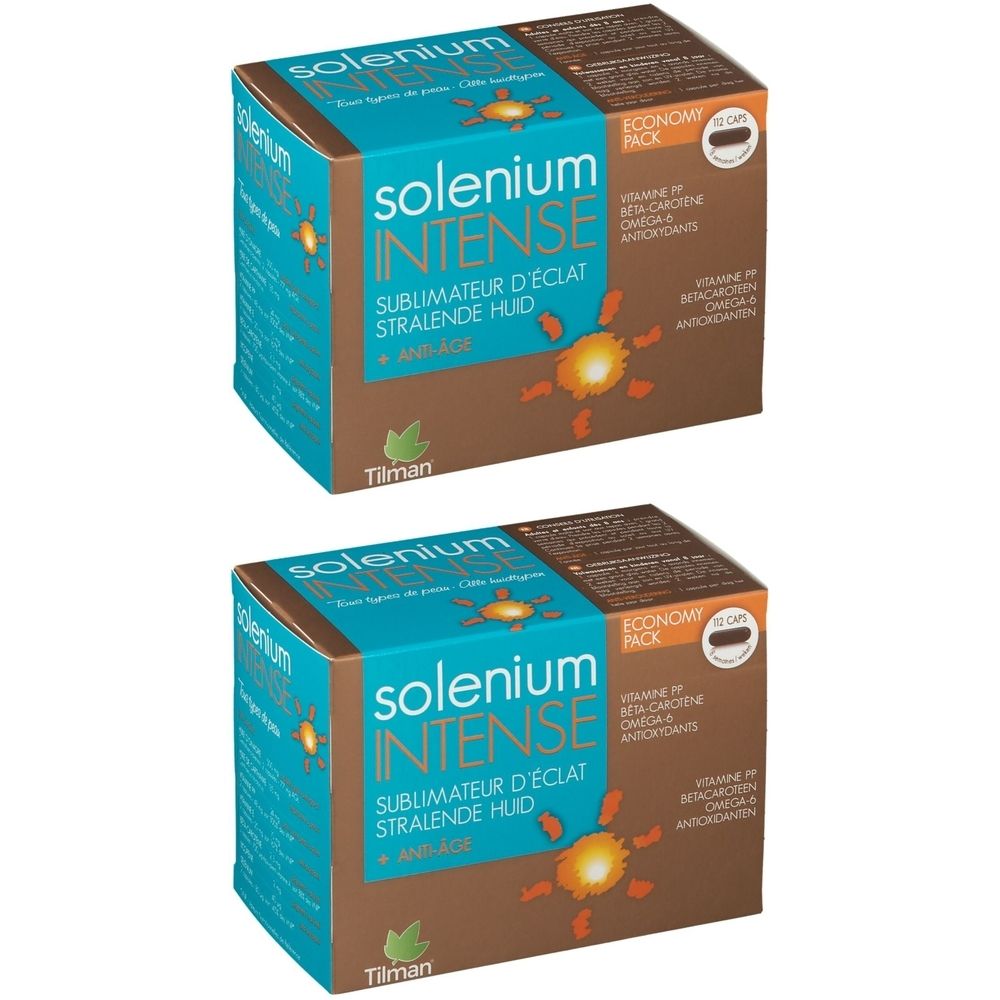 Twee dozen Solenium INTENSE. Turquoise-bruine verpakking met productnaam en ingrediënten. "ECONOMY PACK" sticker.