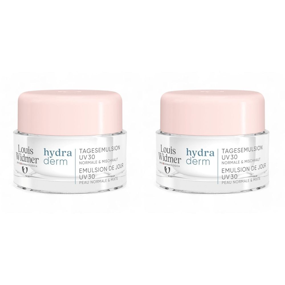 Deux pots de crème avec couvercles roses. On peut lire "Louis Widmer hydra derm" et "UV 30" sur les pots.