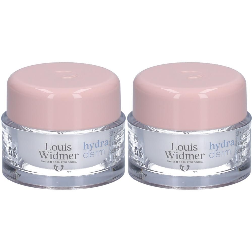 Deux pots Louis Widmer Hydraderm. Récipients en verre avec couvercles roses. Inscription: Hydraderm, Swiss Biologica.