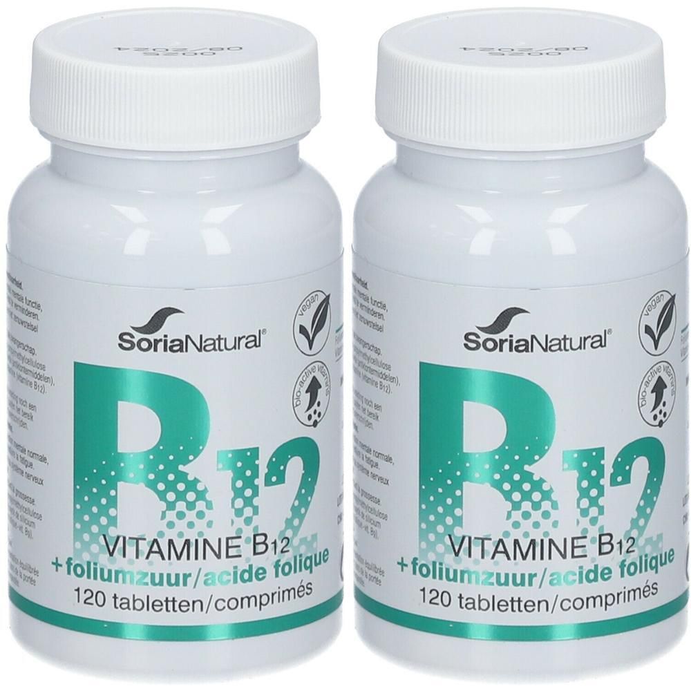 Twee witte flessen met schroefdop. Opschrift: Soria Natural, B12, Vitamine B12 + foliumzuur, 120 tabletten.