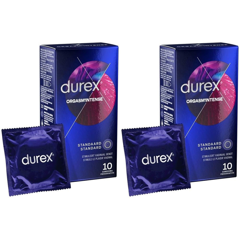 Deux boîtes et préservatifs Durex Orgasm' Intense. Emballage bleu avec nom du produit et 10 unités.