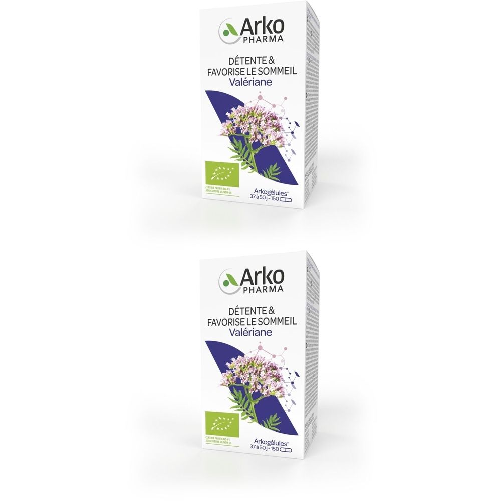 Boîte Arkogélules Valériane Bio. Inscription: Détente & Favorise le sommeil Valériane. Certification bio.