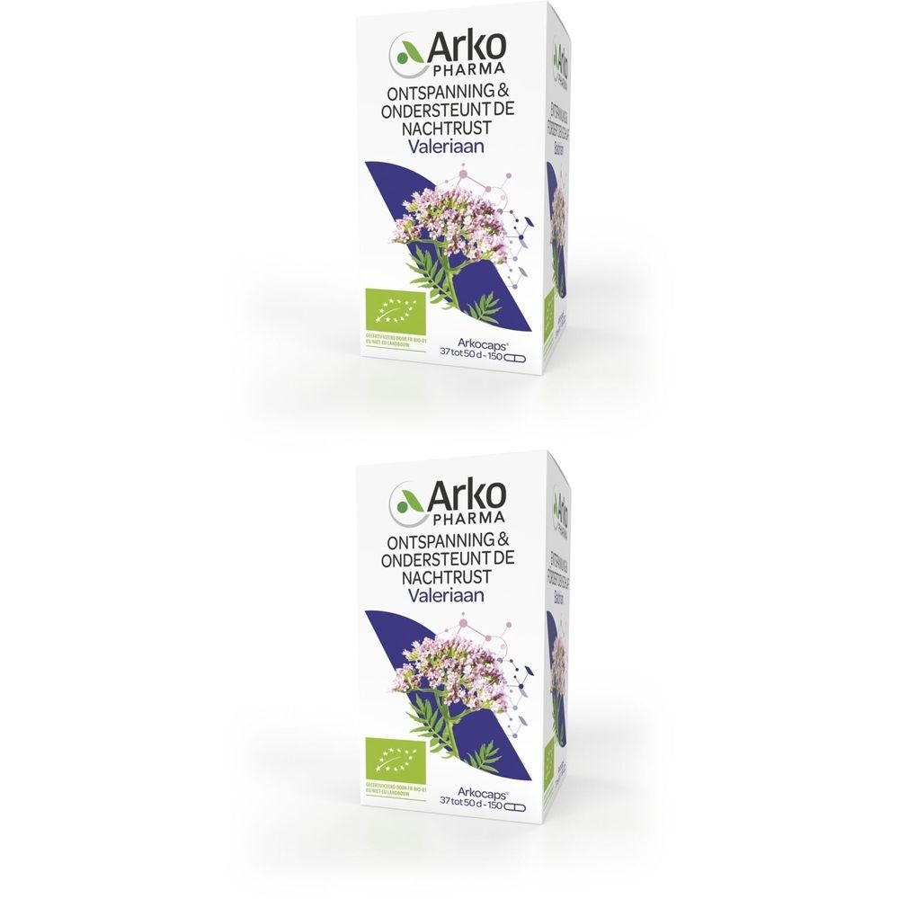 Doos Arkogélules Valériane Bio. Opschrift: Ontspanning & Ondersteunt de nachtrust Valeriaan. Bio-certificering.