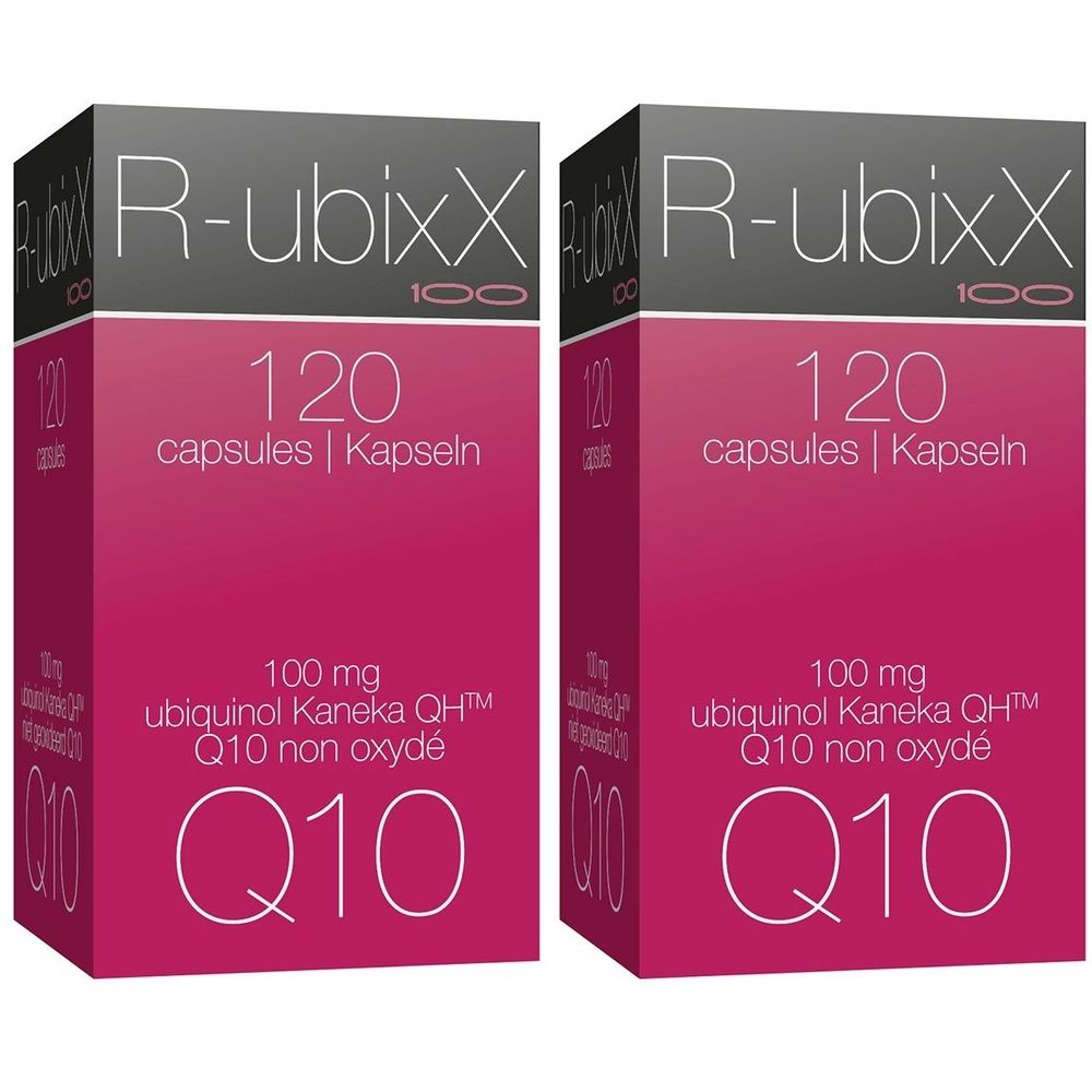 Deux boîtes avec texte blanc et rose. "R-ubixX 100" en haut. "120 capsules | Kapseln" en dessous. En bas, "Q10".