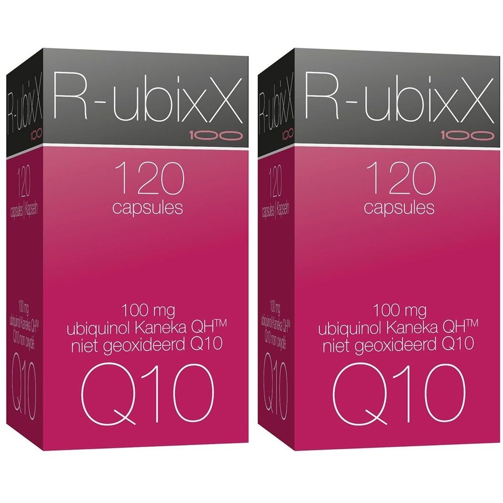 Twee dozen met roze en witte tekst. Bovenin "R-ubixX 100". Daaronder "120 capsules | Kapseln". Onderaan "Q10".