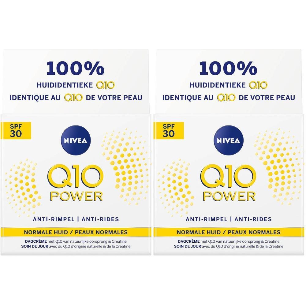 Twee vierkante verpakkingen van anti-rimpelcrème. Boven: "100% HUIDIDENTIEKE Q10". Daaronder: "NIVEA Q10 POWER".