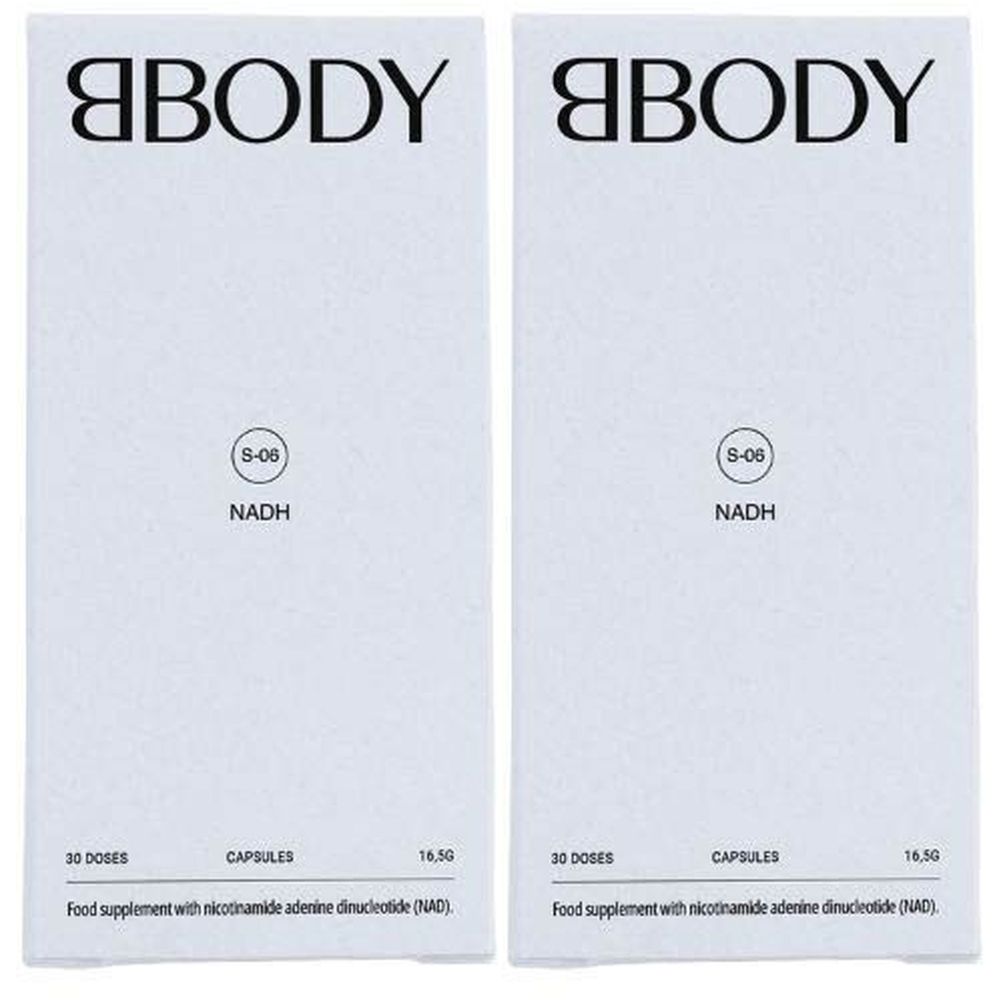 Deux emballages blancs avec le texte "ABODY". Chaque emballage affiche "NADH" et des informations sur le dosage et les ingrédients.