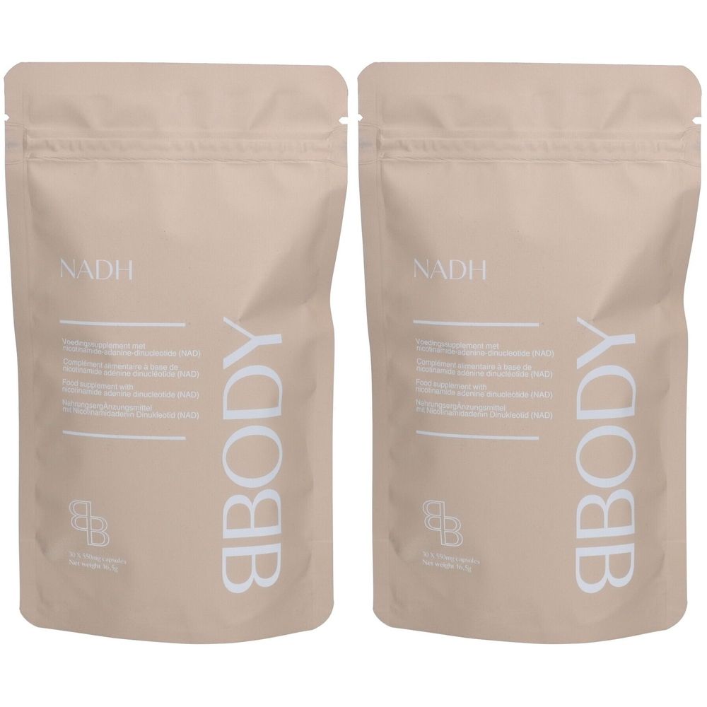 Deux sachets BBODY NADH. Emballage beige avec texte blanc. NADH en haut, informations en dessous.