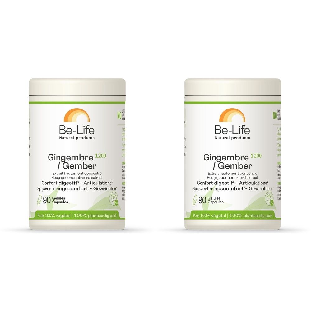 Twee witte potten met de tekst "Be-Life Gingembre 1200". Elke pot heeft "90 Capsules".