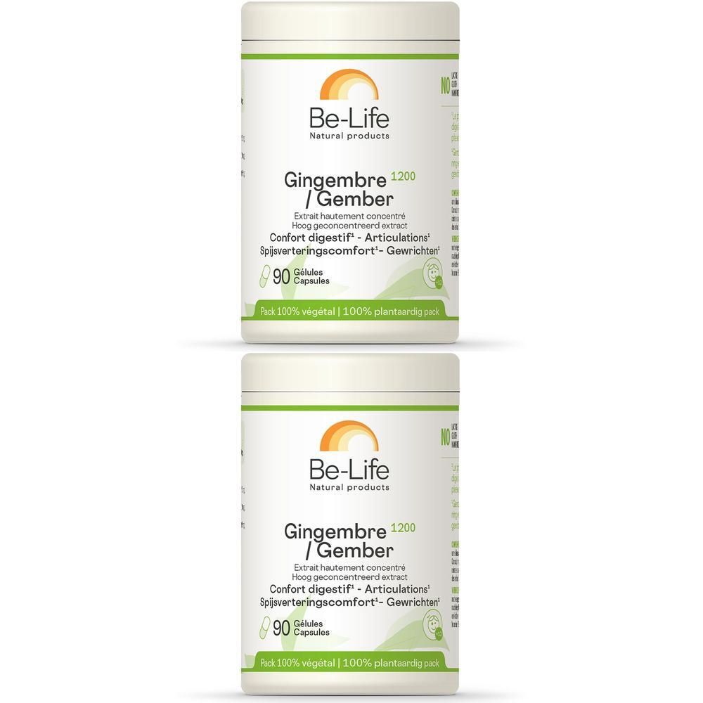Twee witte Be-Life Ingwer 1200-potten. Opschrift: Ingwer/Gember 1200, 90 capsules. Logo: oranje zon.