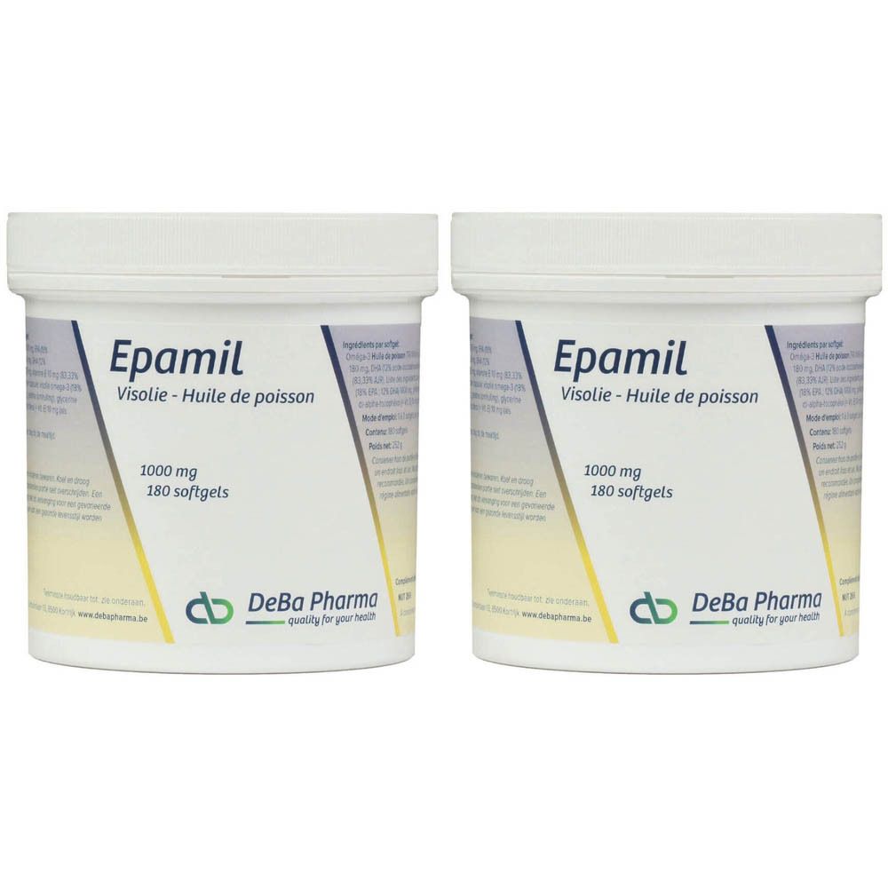 Deux pots blancs Epamil. Inscription: Visolie-Huile de poisson, 1000 mg, 180 softgels. Logo DeBa Pharma.