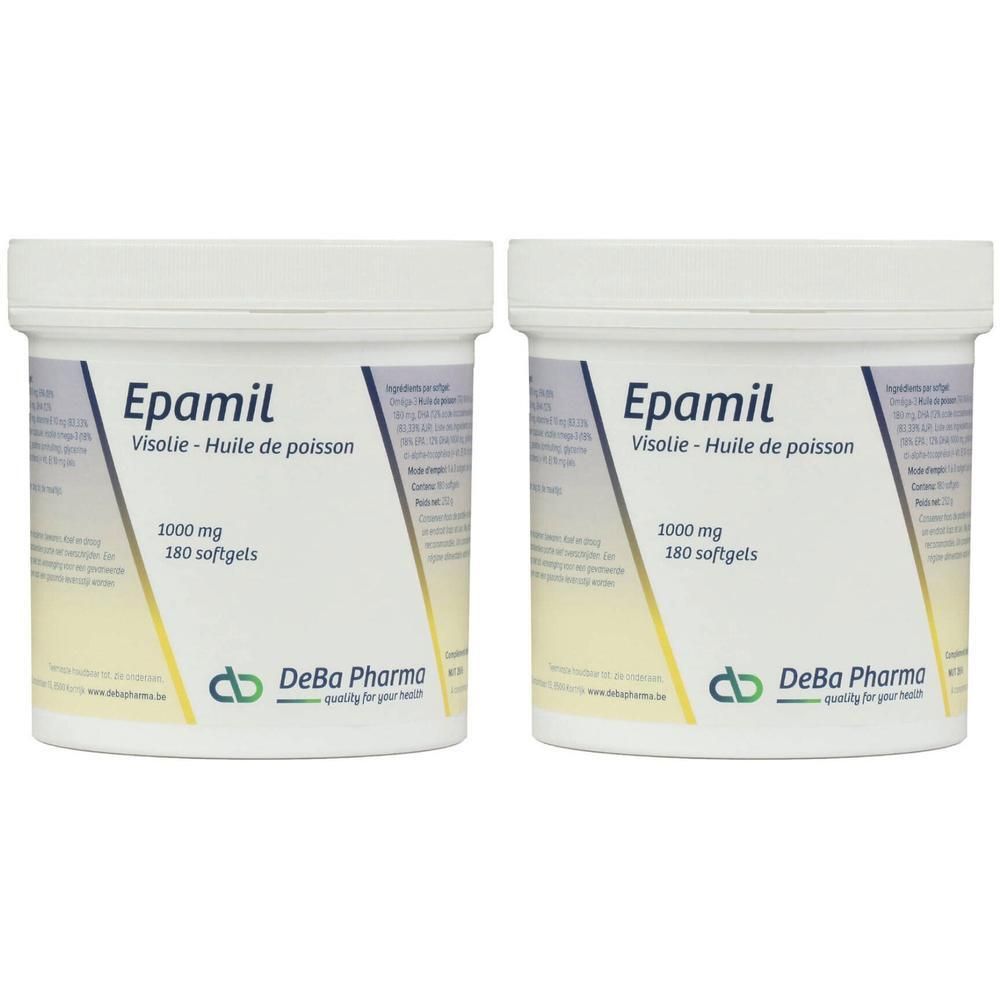 Deux pots blancs avec étiquettes. Inscription: Epamil, Visolie - Huile de poisson, 1000 mg, 180 softgels. Logo DeBa Pharma.