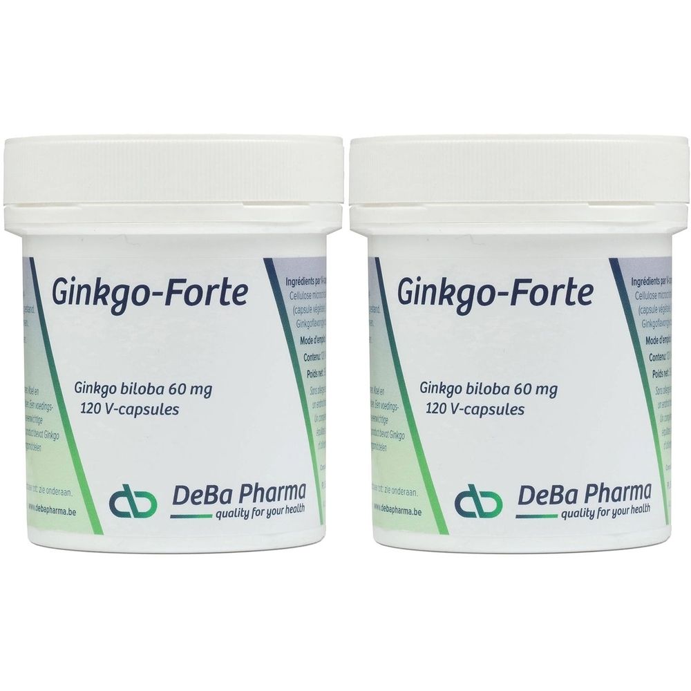 Deux boîtes blanches "Ginkgo-Forte". Inscription "Ginkgo biloba 60 mg, 120 V-capsules" et logo DeBa Pharma sur chaque boîte.