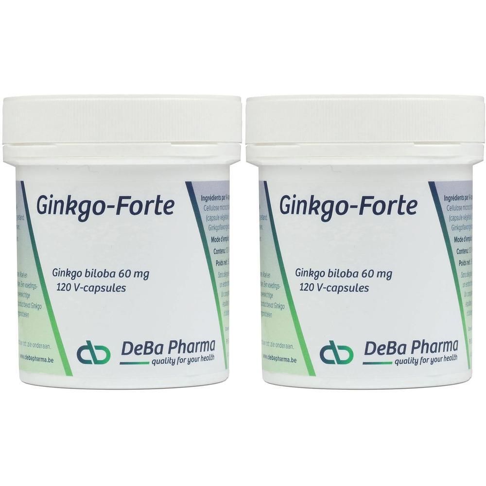 Deux pots blancs avec couvercles. Inscription: Ginkgo-Forte, Ginkgo biloba 60 mg, 120 V-capsules. Logo DeBa Pharma.