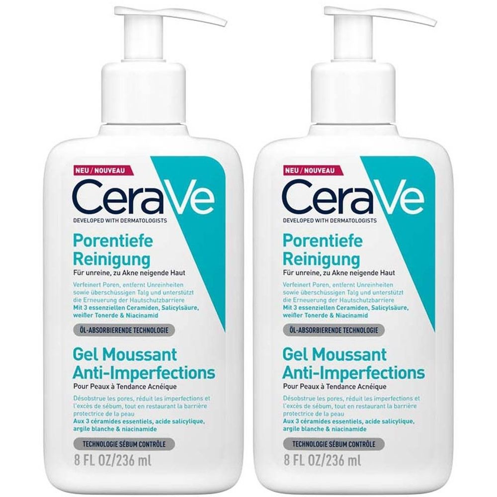 Twee witte flessen CeraVe Gel Moussant Anti-Imperfections. Opschrift: Porentiefe Reinigung, Gel Moussant Anti-Imperfections. Met pomp.