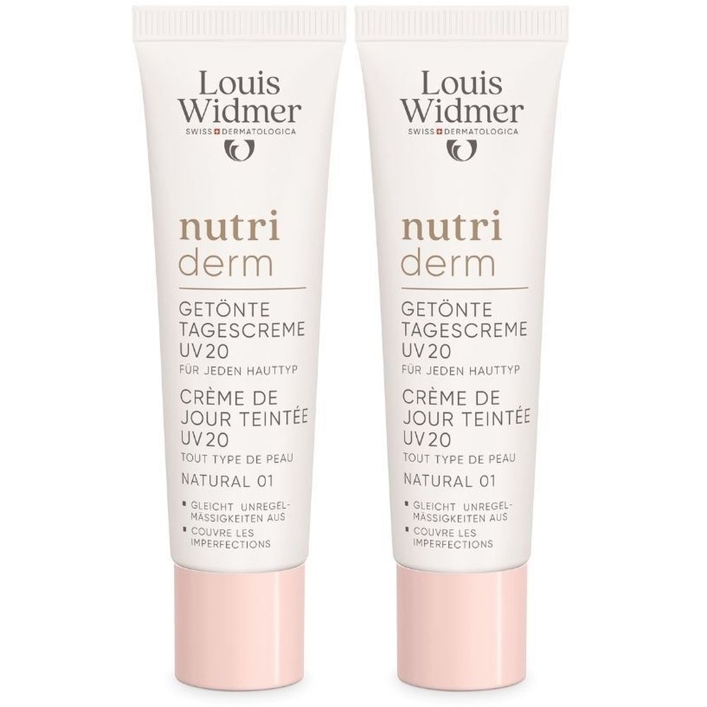 Deux tubes de crème de jour teintée. Inscription: Louis Widmer, Nutriderm, UV20, Natural 01. Bouchon rose.