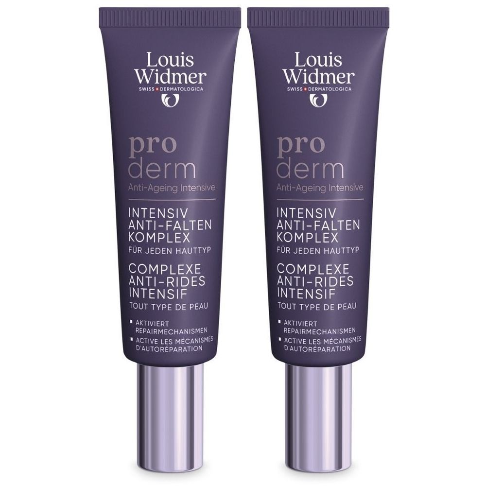 Twee tubes Louis Widmer Proderm Anti-Ageing Intensive. Paarse tubes met zilveren doppen. Tekst: Anti-Falten Komplex, voor elk huidtype.