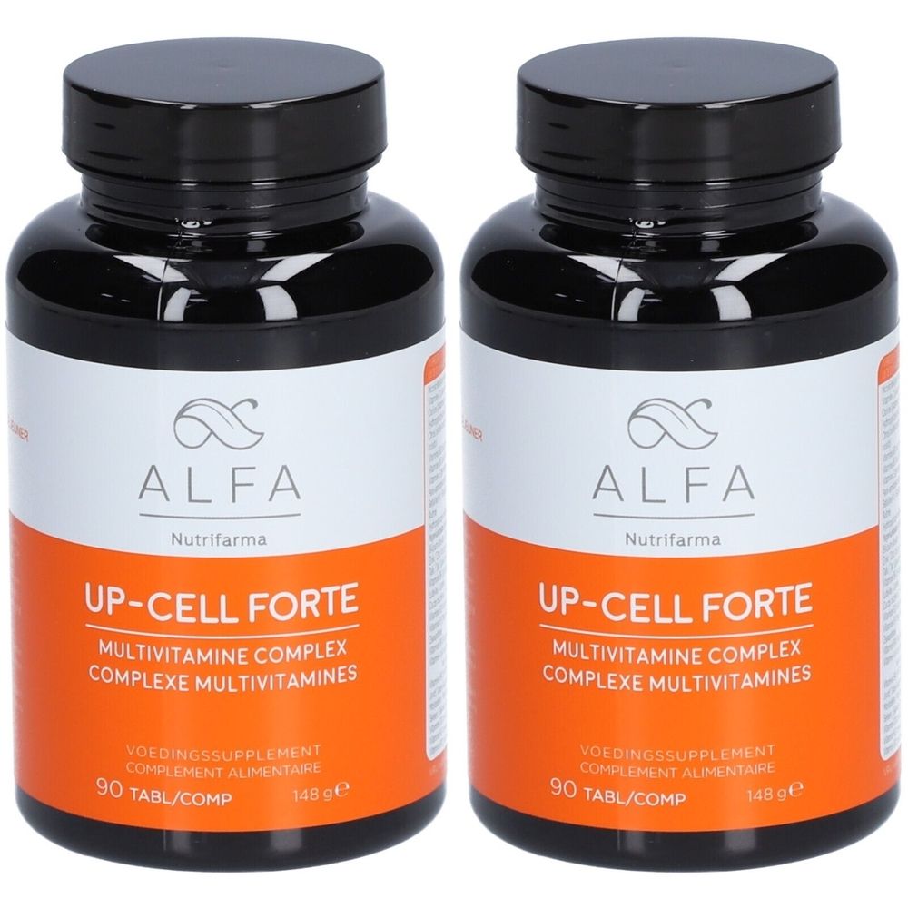 Twee flessen met zwarte dop. Opschrift: ALFA, UP-CELL FORTE, multivitamine complex. Oranje etiket.