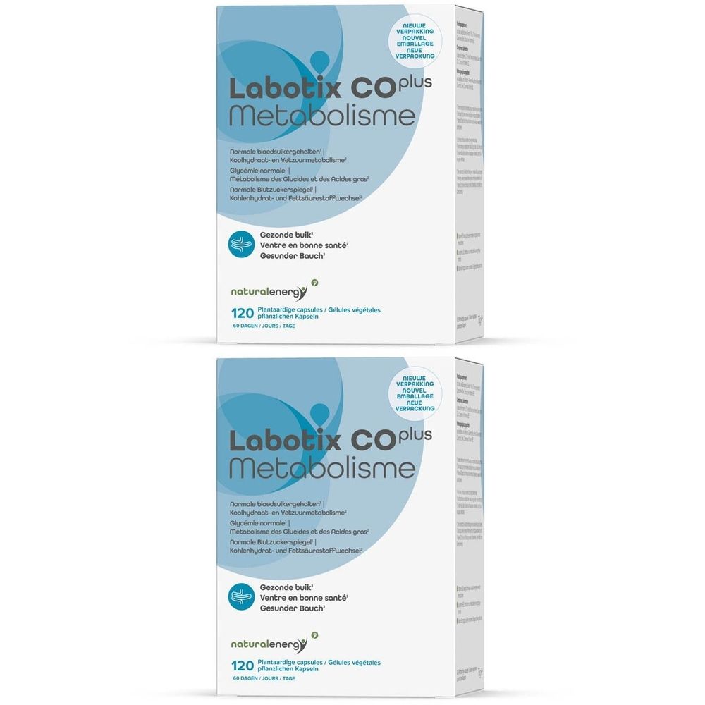Twee witte dozen met productopdruk. Opschrift: Labotix COplus Metabolisme, 120 plantaardige capsules. Merk: naturalenergy.
