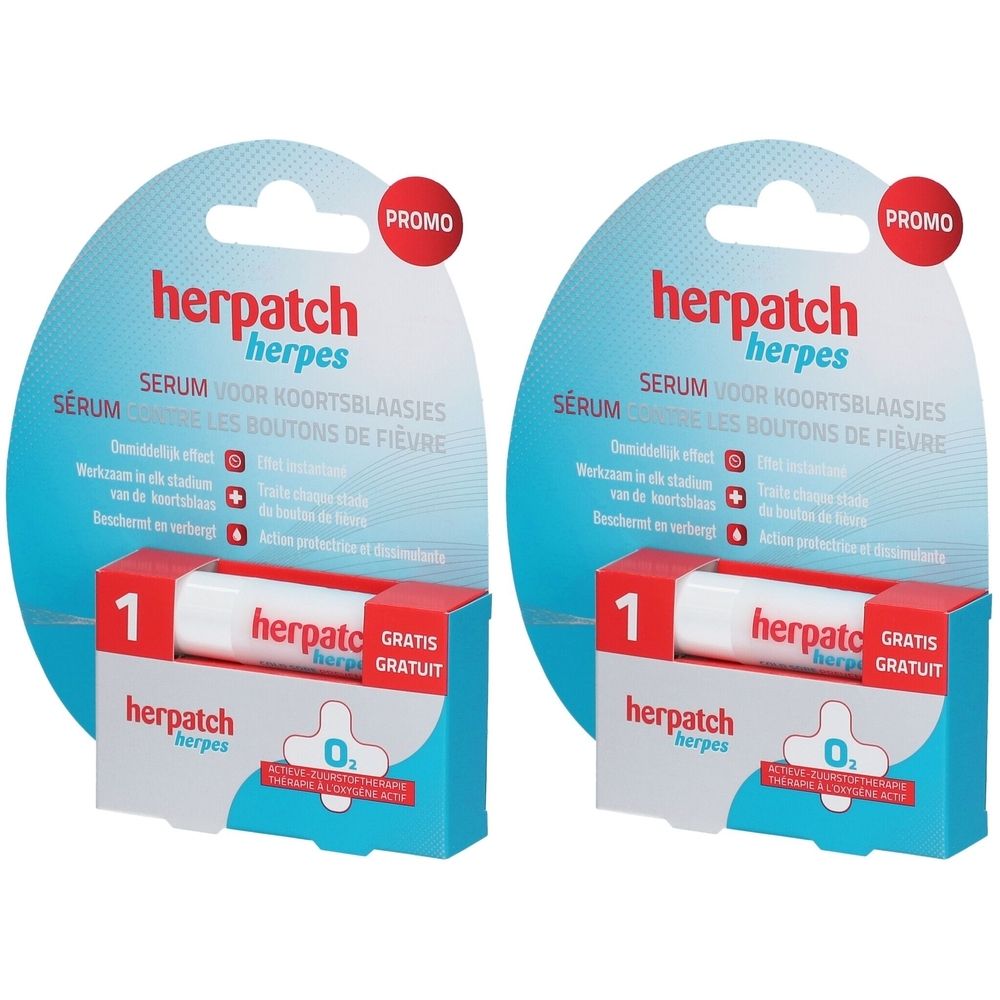 Deux emballages de sérum Herpatch Herpes. Chaque emballage contient un sérum et est présenté dans un blister avec des informations.