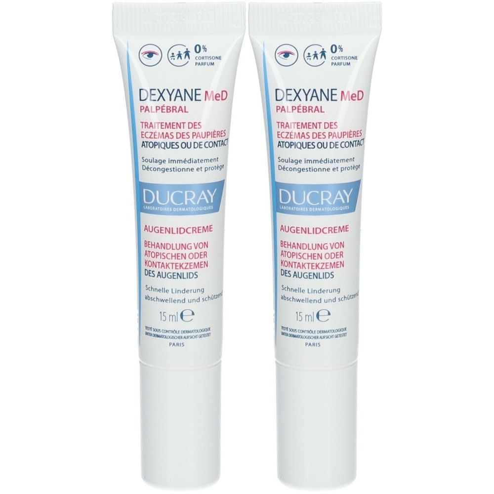 Twee tubes ooglidcrème. Opschrift: DEXYANE MeD Palpébral, behandeling van eczeem. Merk: Ducray. 15 ml.